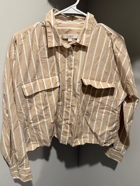 LOFT Taupe & White Striped Button-Front Shirt Jacket